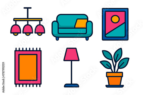 Minimalist Home Icons. Interior Design flat icons: chandelier, sofa, art frame, rug icon, floor lamp, decor plant.