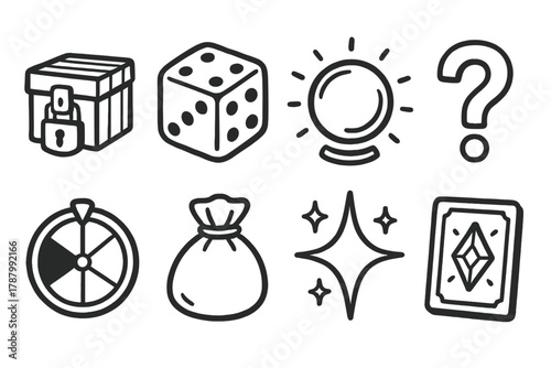 Mystery Loot Icons. Mystery Loot outline icons: loot box, dice roll, glowing orb, question mark, random spinner, surprise bag, sparkle burst, rare item card.