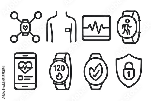 Smart Health Icons. Smart Health outline icons: smart device network, body sensor icon, pulse chart, activity monitor, mobile dashboard, calorie counter, wellness goal tracker,
