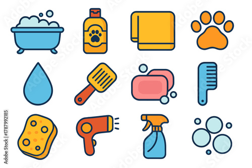 Clean Pet Icons. Clean Pets flat icons: bathtub, shampoo bottle, towel, paw print, water droplet, brush, soap bar, comb, sponge, dryer, spray bottle, bubbles.