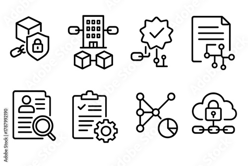Blockchain Finance Icons. Enterprise Blockchain Finance linear icon set: secure transaction block, corporate ledger icon, supply chain verification badge, smart contract automation