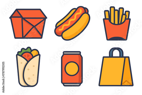 Minimalist Fast Food Icons. Food on the Go flat icons: takeaway box, hotdog, fries pack, kebab wrap, soda can, delivery bag.