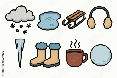 Chilly Season Icons. Chilly Season outline icons: snow cloud, frozen pond, sled, earmuffs, icicle, winter boots, mug with steam, snowball.