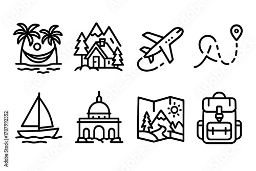 Travel Icons Collection. Getaway Concepts linear icon set: hammock on beach, mountain lodge, airplane route, sailboat, city landmark, travel brochure, adventure backpack, scenic