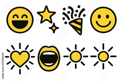 Joyful Emoji Icons. Cheerful Laughter Symbols silhouette icon set: laughing emoji, star sparkle, confetti rain, smiling face, heart burst, open mouth, sunshine, joy rays