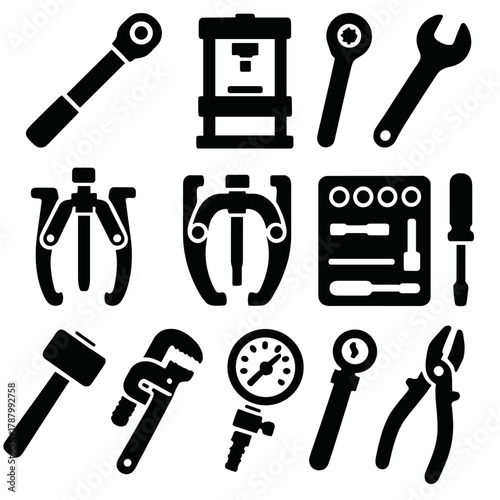 Industrial Tool Icons. Industrial Mechanical Tools silhouette icon set: torque wrench, hydraulic press, ratchet, spanner, gear puller, bearing tool, socket set, screwdriver, mallet