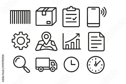 Asset Tracking Icons. Asset Tracking linear icon set: barcode, package, clipboard, smartphone, GPS signal, gear, map pin, chart, document, magnifier, truck, clock.