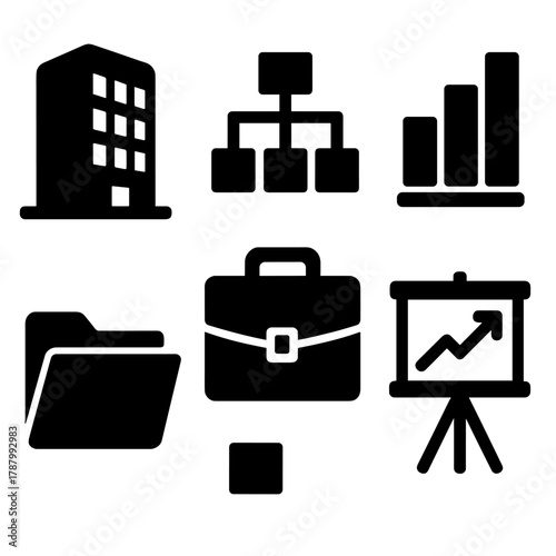 Bold Corporate Icons. Corporate organization silhouette icon set: office building, hierarchy chart, bar graph, document folder, briefcase, chart board.