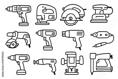 Power Tools Icons. Power Tools Set linear icon set: drill, jigsaw, circular saw, sander, angle grinder, impact driver, heat gun, rotary tool, power screwdriver, reciprocating saw,