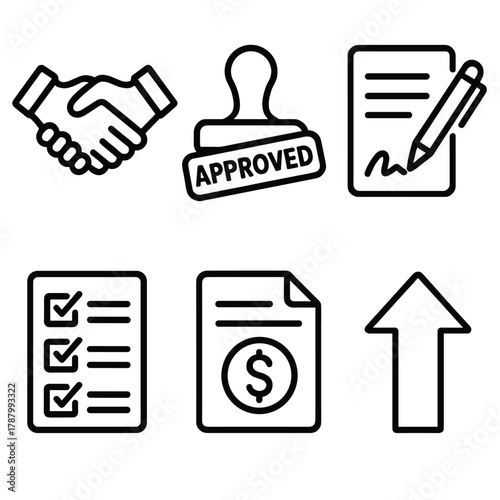 Credit Approval Icons. Credit approval linear icon set: handshake, stamp approved, pen and paper, checklist, document, upward arrow.