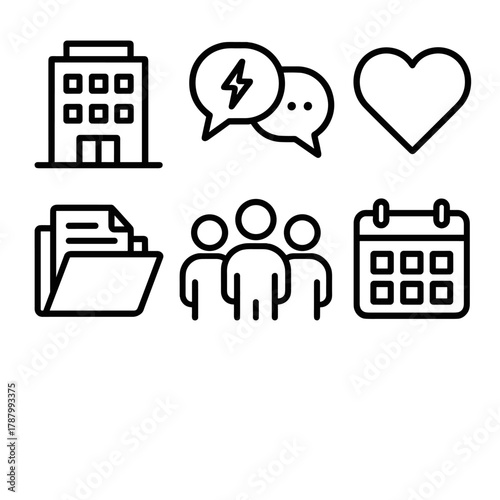 Office Conflict Resolution Icons. Workplace conflict resolution linear icon set: office building, speech bubbles, heart, document folder, group of people, calendar.
