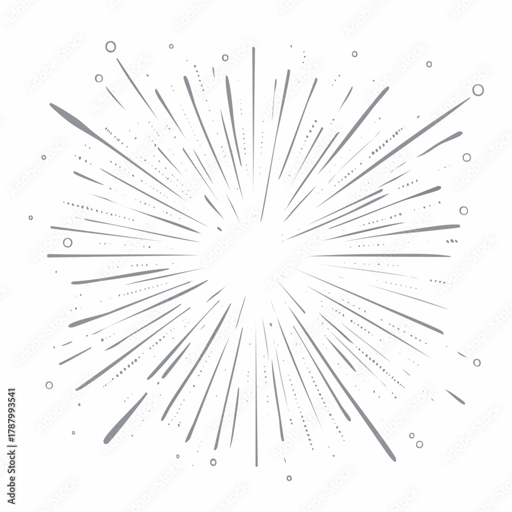 Obraz premium Abstract radiating lines with small circles creating a starburst or explosion effect, reminiscent of a firework or sunburst design element, in a minimalist, hand-drawn style