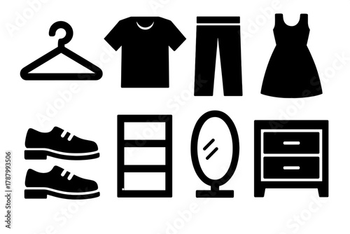 Brutalist Wardrobe Icons. Wardrobe Essentials silhouette icon set: hanger, shirt, pants, dress, shoes, shelf, mirror, drawer.