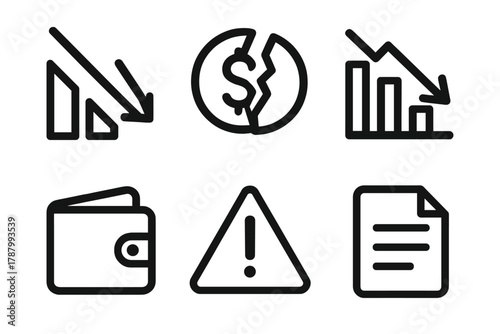 Financial Loss Icons. Financial loss linear icon set: downward arrow, broken coin, bar chart, wallet, warning triangle, document.