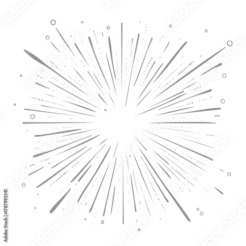 Abstract radiating lines with small circles creating a starburst or explosion effect, reminiscent of a firework or sunburst design element, in a minimalist, hand-drawn style