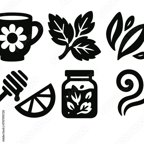 Brutalist Herbal Tea Icons. Herbal Tea silhouette icon set: chamomile cup, mint leaves, flower petals, teapot, honey dipper, lemon wedge, herbal jar, steam swirl.