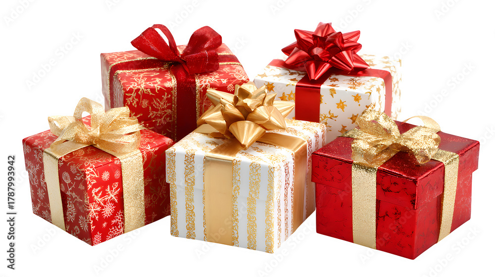 Fototapeta premium Collection of red, white, and gold glossy Christmas gift boxes isolated on white background