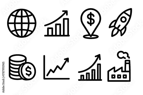 Global Market Icons. Market Growth linear icon set: globe, chart, dollar sign, map pin, rocket, coin stack, graph, factory.
