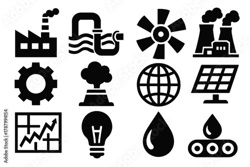 Geothermal Energy Icons. Industrial Geothermal silhouette icon set: factory building, pipeline, turbine, power plant, gear, steam vent, globe, solar panel, data chart, light bulb,