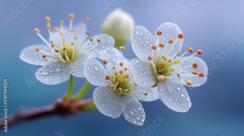 Fresh Spring Blossom with Raindrops on White Petals and Delicate Stamen Against a Soft Blue Background