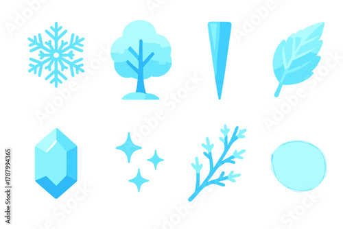 Minimalist Winter Icons. Icy Frost Icons flat icons: snowflake cluster, frosted tree, icicle, frozen leaf, ice crystal, sparkle dust, frosty branch, winter glow