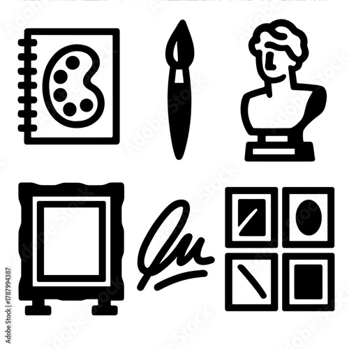Brutalist Art Icons. Art Portfolio silhouette icon set: sketchbook, paintbrush, sculpture piece, exhibit frame, artist signature, curated collection.