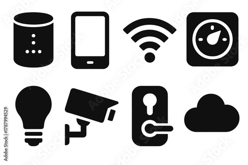Brutalist Smart Home Icons. Home Automation silhouette icon set: smart speaker, smartphone, Wi-Fi symbol, thermostat, light bulb, security camera, door lock, cloud.
