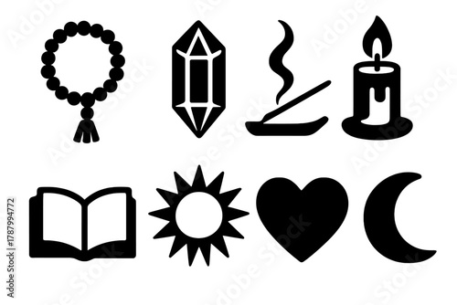 Spiritual Icons Collection. Spiritual Focus Set silhouette icon set: prayer beads, crystal, incense, candle, book, sun, heart, moon.