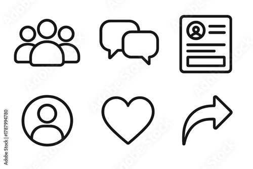 Digital Community Icons. User Community linear icon set: user group, discussion bubbles, forum thread, profile avatar, like heart, share arrow.