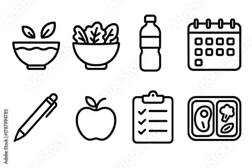 Healthy Meal Essentials. Healthy Meal Plan Set linear icon set: bowl, salad, water bottle, calendar, pen, apple, clipboard, meal box.