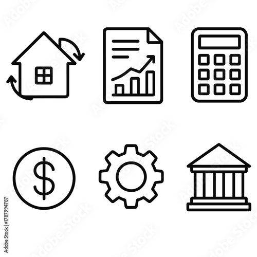 Mortgage Refinance Icons. Mortgage refinance linear icon set: house with arrows, document chart, calculator, dollar sign, gear, bank building.