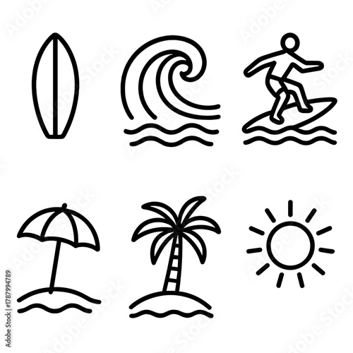 Surfing Icon Set. Ocean Surfing linear icon set: surfboard, wave crest, surfer pose, beach umbrella, palm tree, sun.