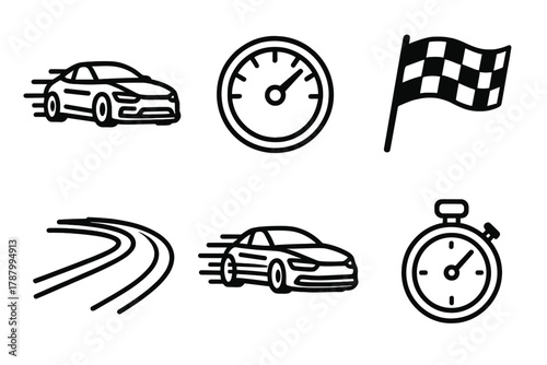 Racing Icon Set. Racing Speed linear icon set: sports car, speedometer, finish flag, racing track, motion blur, stopwatch.