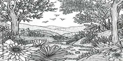 black and white rural scene with green trees, mountains and birds flying.