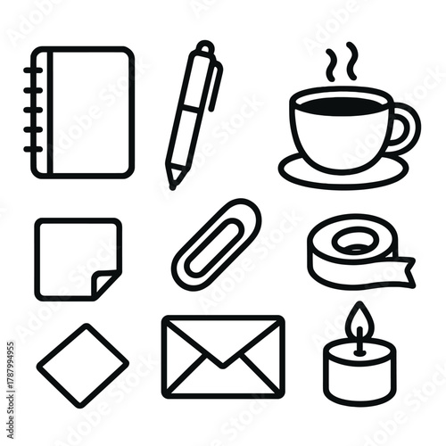 Journaling Icon Set. Journaling Essentials linear icon set: notebook, pen, cup of tea, washi tape, sticker, paper clip, envelope, candle.