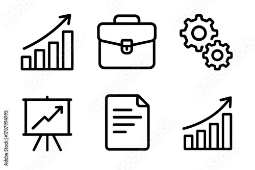 Business Growth Icons. Business scalability linear icon set: bar chart, upward arrow, briefcase, gears, chart board, document.