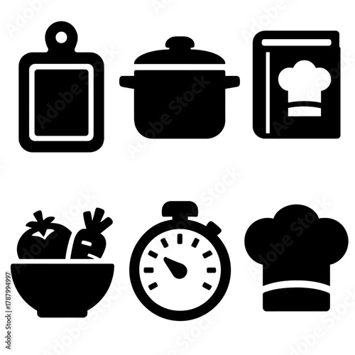 Brutalist Cooking Icons. Meal Preparation silhouette icon set: cutting board, cooking pot, recipe book, ingredients bowl, kitchen timer, chef hat.