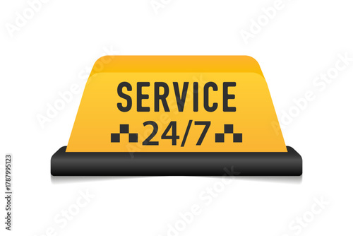24 7 hour yellow taxi .Yellow taxi chess lamp and text for the car roof. Automobile cab business emblem city trip. Vector illustration