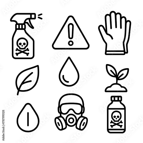 Pesticide Safety Icons. Chemical Pesticides linear icon set: spray bottle, warning triangle, leaf, droplet, gloves, mask, plant, bottle.