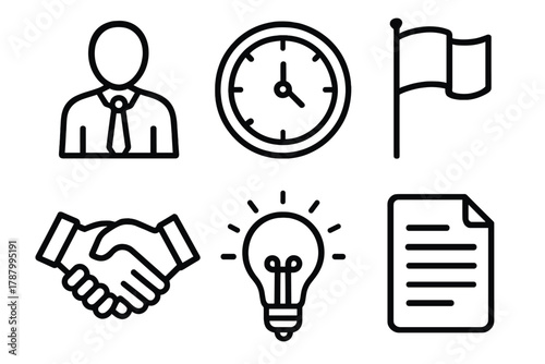 Leadership Icon Collection. Leadership patience linear icon set: leader figure, clock, flag, handshake, light bulb, document.