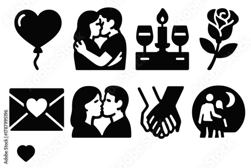 Romantic Icon Set. Romantic Affection silhouette icon set: heart balloon, couple embracing, candlelight dinner, rose, heart envelope, soft kiss, hands intertwined, moonlit walk.