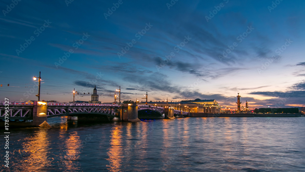Naklejka premium Traffic on the Palace bridge after sunset day to night timelapse