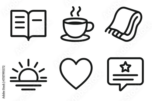 Daily Gratitude Essentials. Daily Gratitude linear icon set: journal book, coffee cup, cozy blanket, sunrise view, peaceful heart, positive quote.