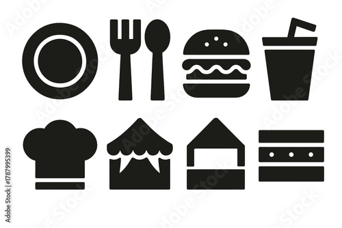 Brutalist Food Icons. Food Festival silhouette icon set: plate, fork, spoon, burger, drink, chef hat, tent, crate.