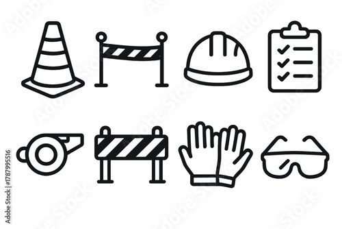 Worksite Safety Icons. Worksite Safety linear icon set: cones, caution tape, hard hat, clipboard, whistle, barrier, gloves, safety glasses.