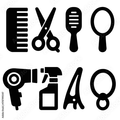 Bold Hair Tool Icons. Hairstyles Essentials silhouette icon set: comb, scissors, hairbrush, mirror, hairdryer, spray bottle, clip, hair tie.