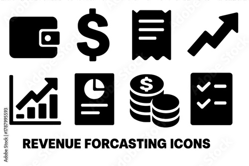 Bold Revenue Icons. Revenue Forecasting silhouette icon set: wallet, dollar sign, receipt, upward arrow, graph, report, coin stack, checklist.