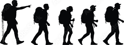 Five black silhouettes of hikers walking and trekking with large backpacks adventure travel concept