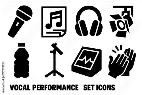 Brutalist Music Icons. Vocal Performance Set silhouette icon set: microphone, sheet music, headphones, stage light, drink bottle, stand, monitor, applause icon.