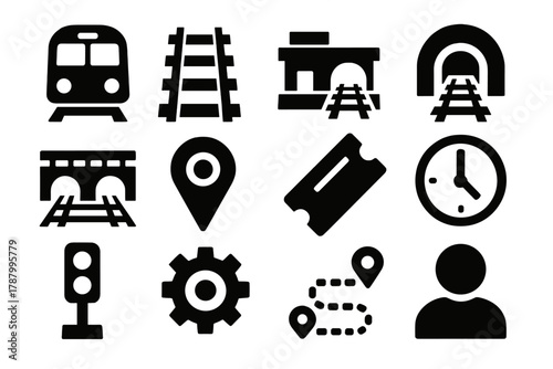 Brutalist Railway Icons. Railway silhouette icon set: train, railway tracks, station, tunnel, bridge, map pin, ticket, clock, signal light, gear, route line, passenger.